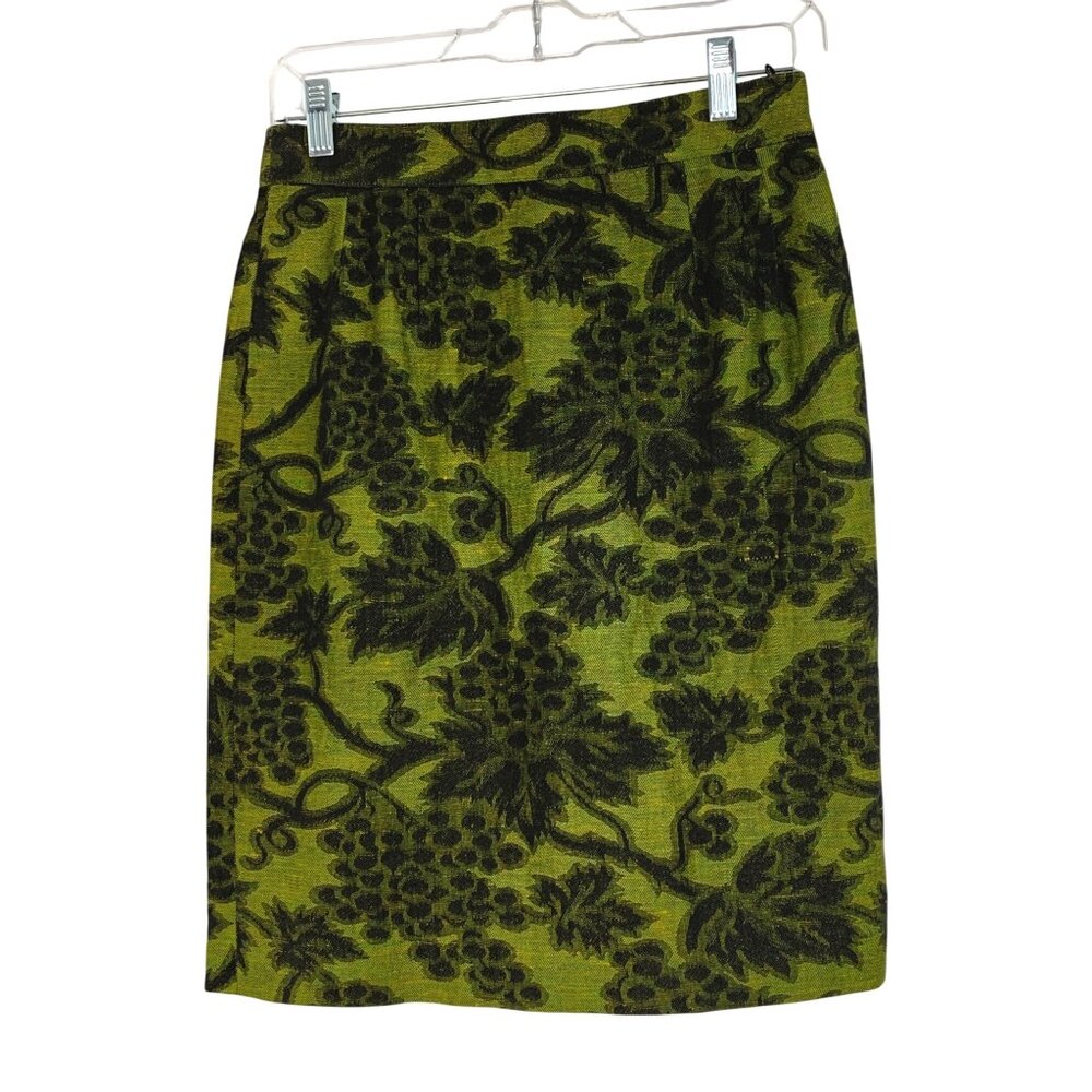 VTG 80s Joinus Korea Green/Black Grapevine Print Mini Pencil Skirt XS RZ10406